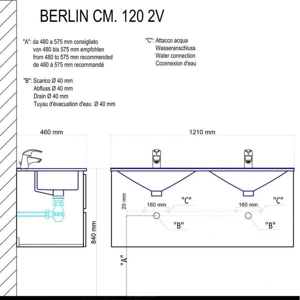 Zeichnung eines Waschtischs Berlin CM 120 2V mit Abmessungen