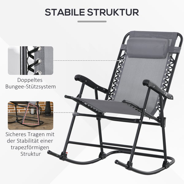 Outsunny Schaukelstuhl, Klappbar Gartenstuhl mit Kopfkissen, bis 120 kg, 95 x 64 x 106 cm, Mesh, Hellgrau