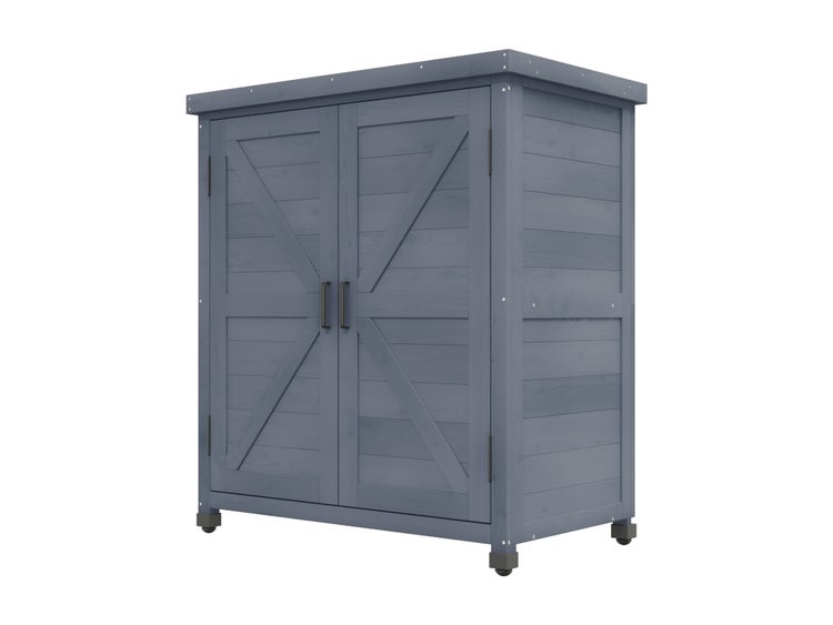 Gartenschrank aus Holz mit zwei Türen, X-Streben-Design und Flachdach für die Aufbewahrung von Gartenutensilien.