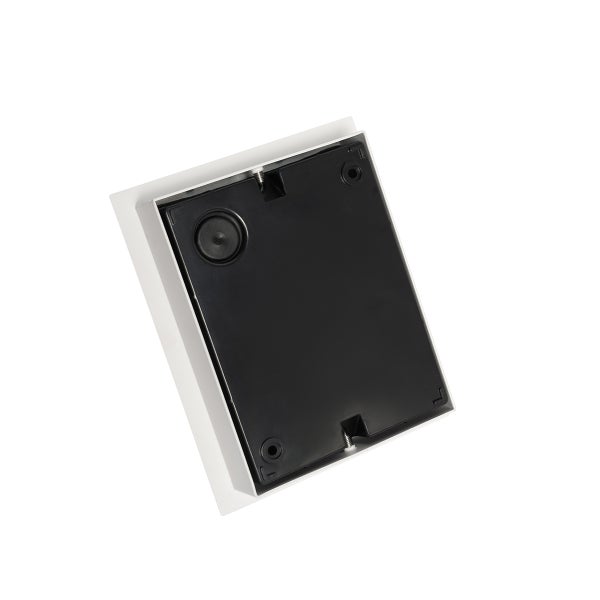 Rückansicht einer rechteckigen Wandleuchte mit weißem Gehäuse und schwarzer Montageplatte.