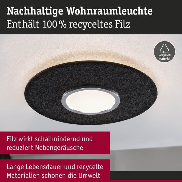 Nachhaltige Wohnraumleuchte aus 100 Prozent recyceltem Filz. Schallmindernde Wirkung und Symbol für recyceltes Material.