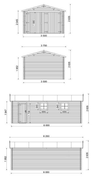 Technische Zeichnung eines Gartenhauses mit Maßangaben