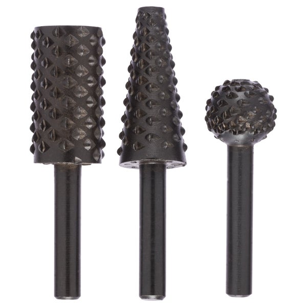 Drei verschiedene Frässtifte für Bohrmaschinen in Zylinder-, Kegel- und Kugelform.