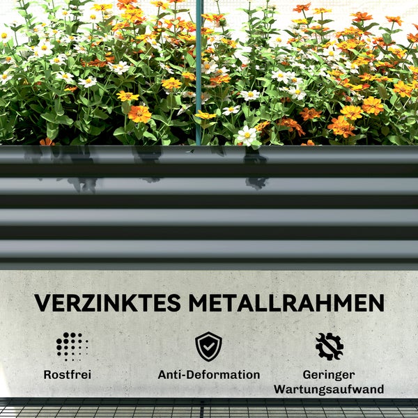 Hochbeet aus Metall mit Gewächshausaufsatz. Maße: Breite 120 Zentimeter, Höhe 140 Zentimeter, Tiefe 55 Zentimeter.