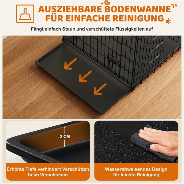 Ausziehbare Bodenwanne für einfache Reinigung unter einem Hundekäfig.