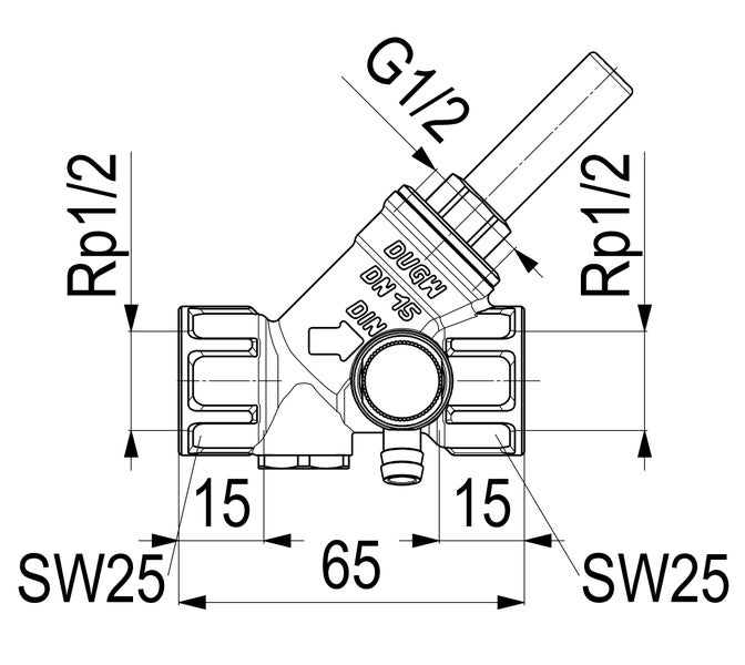 Technische Maßzeichnung eines Ventils DN 15 mit Rp einhalb Zoll Anschlüssen, Gesamtlänge 65 Millimeter und Schlüsselweite 25.