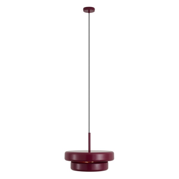 Moderne Pendelleuchte mit zwei runden Schirmen an einem schmalen Kabel