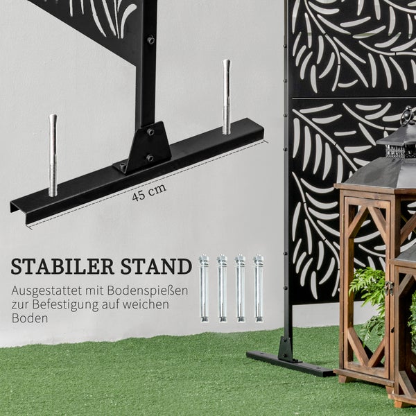 Mehrere Szenen zeigen einen Sichtschutz mit Blattmuster in verschiedenen Umgebungen wie Whirlpool, Schwimmbad, Garten und Innenbereich.