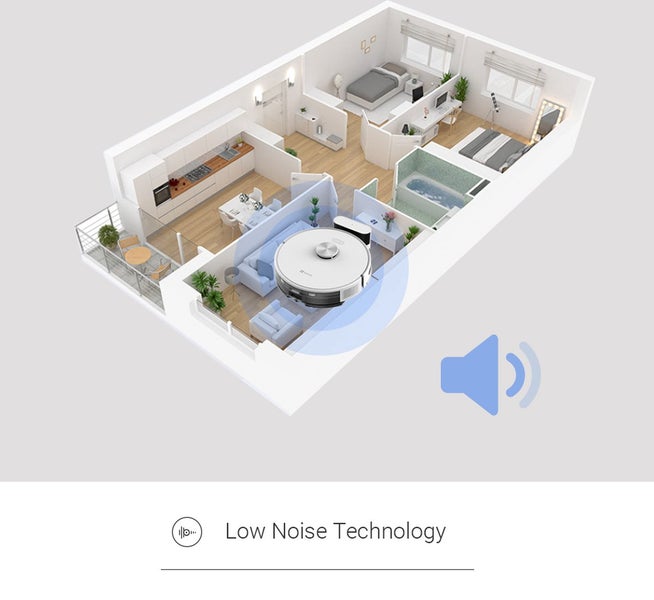 Grundriss einer Wohnung mit Saugroboter und Symbol für geräuscharme Technologie.
