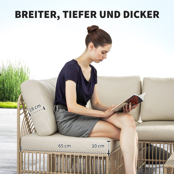 Outsunny Ecklounge-Set aus Polyrattan Gartenmöbel Set mit Ecksofa Sessel Hocker Kissen wetterfest Gartenlounge für 5 Personen Balkonmöbel Outdoor Sitzgruppe für Garten Balkon Naturholz+Cremeweiß