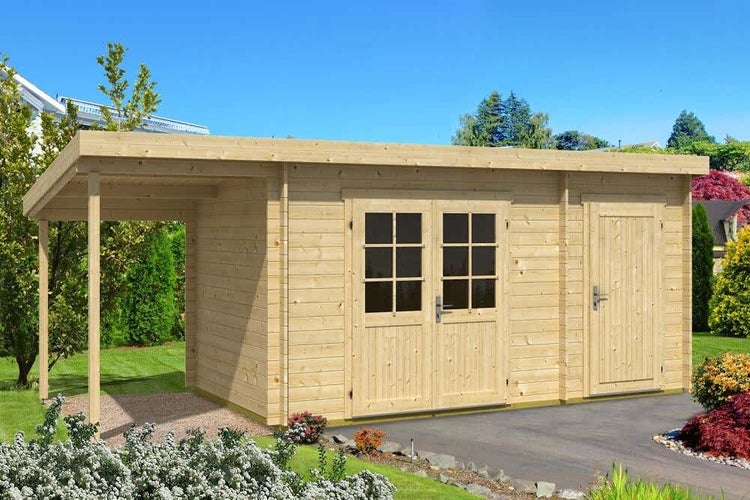 Alpholz Gartenhaus Maria mit Anbau aus Massiv Holz, Gerätehaus mit 28 mm Wandstärke, Garten Holzhaus inklusive Montagematerial, Geräteschuppen 450 x 250 + 150 cm, Pultdach