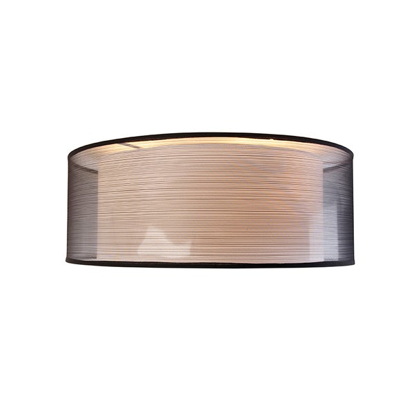 Zylindrischer Lampenschirm mit schwarzem Netzgewebe und weißer Innenseite, horizontale Linienstruktur.