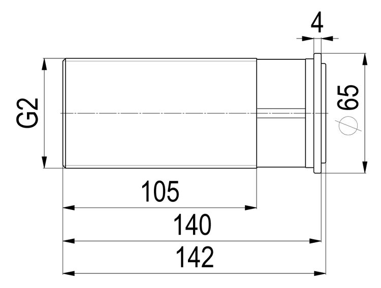 Maßzeichnung eines zylindrischen Bauteils mit Gewinde G2, Gesamtlänge 142 Millimeter und Durchmesser 65 Millimeter.