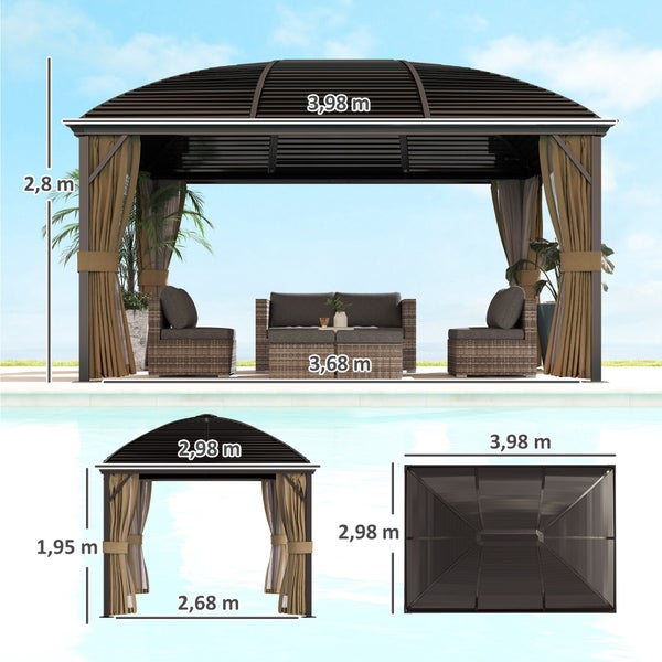 Outsunny Pavillon mit Hardtop, 4x3 m Wasserdicht Stabil Winterfest Gartenpavillon mit Moskitonetz, Haken, Seitenteile, Bogendach, Garten-Pavillon aus Aluminium, für Garten, Terrasse, Braun