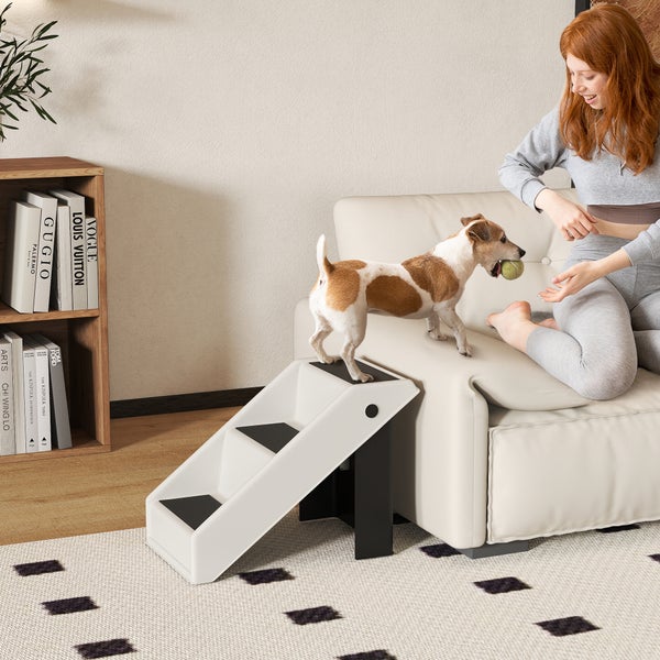 Hund benutzt Treppe, um auf Sofa zu gelangen