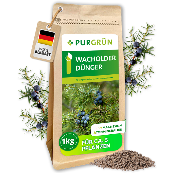 Purgrün Wacholder-Dünger, 1-Kilogramm-Beutel mit Magnesium und Tonmineralien für circa 5 Pflanzen, Hergestellt in Deutschland.