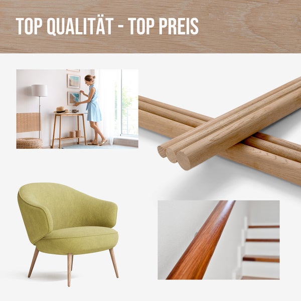 Kollage mit einer Frau die ein Bild aufhängt, Holzrundstäben, einem Sessel und einem Treppengeländer