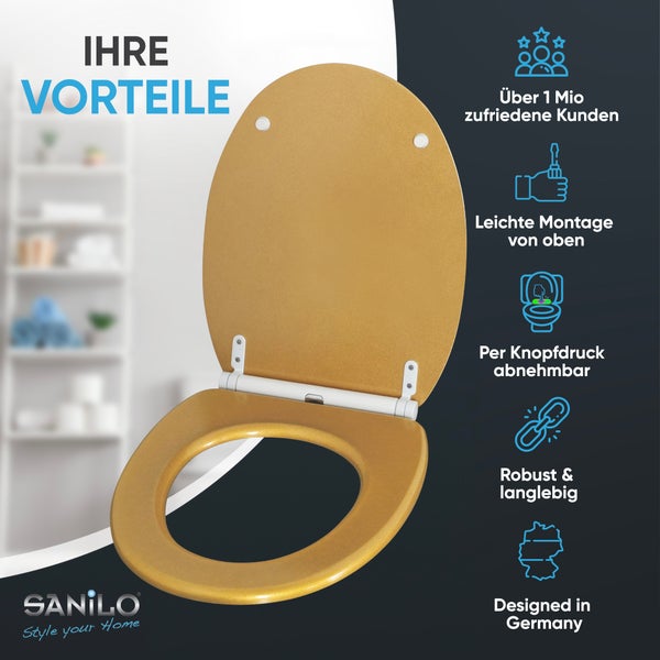 Goldener Toilettensitz. Merkmale: Montage von oben, per Knopfdruck abnehmbar, robust, langlebig, in Deutschland entworfen. Sanilo Logo.