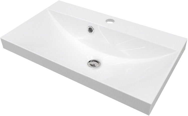 FACKELMANN LIMA Badmöbel Set 3 Teile / Gussmarmor Waschbecken / Waschbeckenunterschrank mit 2 Türen / LED Spiegelschrank / Badschrank mit Soft-Close / Korpus: Braun hell / Front: Weiß / Breite: 60 cm