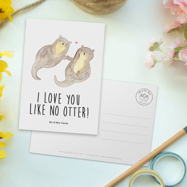Mr. & Mrs. Panda Postkarte Otter Hände halten - Weiß