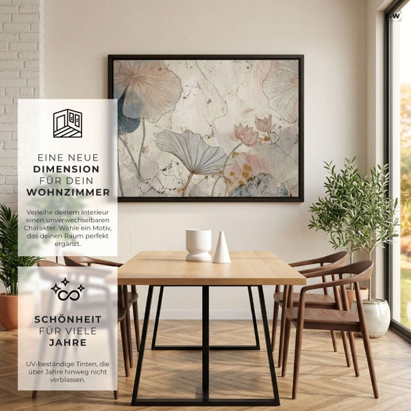 Esszimmer mit Holztisch und gerahmtem Wandbild mit Lotusblumenmotiv, das eine neue Dimension für das Wohnzimmer und UV-beständige Qualität bietet.