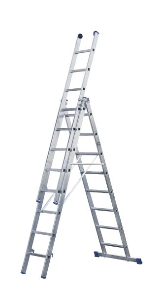 Mehrzweckleiter aus Aluminium mit drei Teilen und Quertraverse für sicheren Stand.