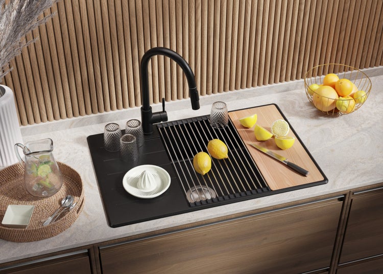 PRIMAGRAN Spülbecken Schwarz 78x50cm, Granitspüle 1 Becken + Ablauf-Set + Schneidebrett, Küchenspüle ab 60er Unterschrank - Kopenhagen