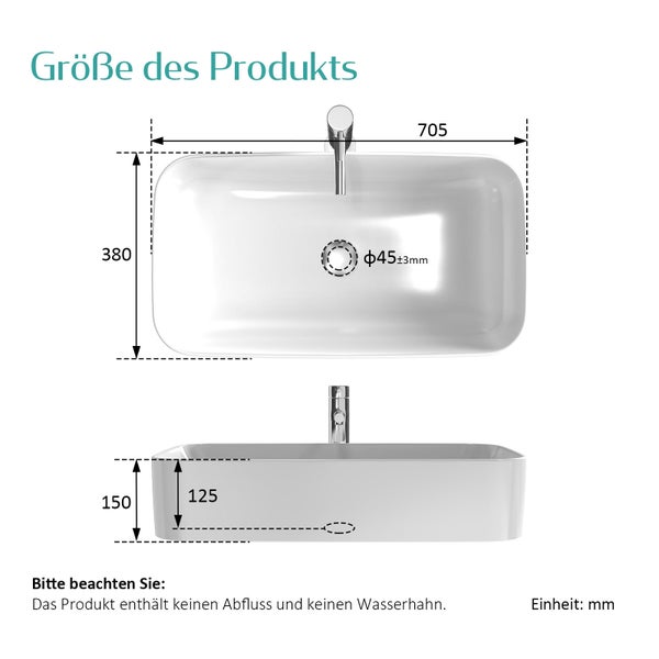 EMKE Aufsatzwaschbecken 705 × 380 mm, Rechteckiges Keramik Waschbecken, glänzend Weiß, ohne Hahnloch, R-Ecken-Design, Waschtisch für Badezimmer und Gäste-WC, modernes Design,  Höhe 150 mm