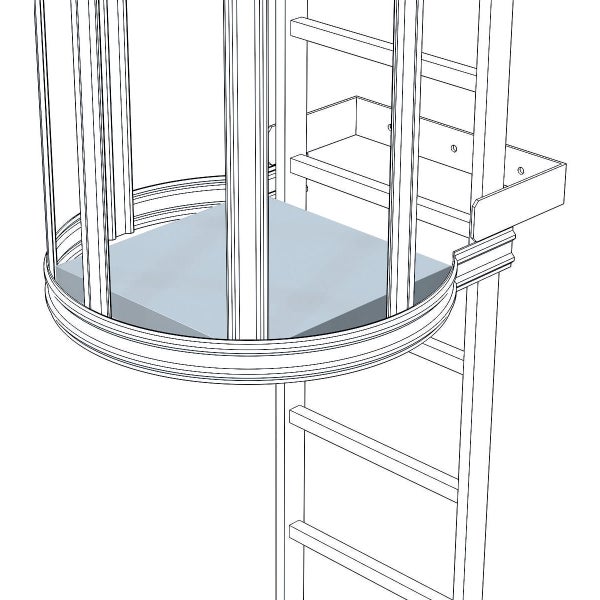 Illustration einer ortsfesten Steigleiter mit Rückenschutzkorb und einem eingebauten Ruhepodest aus Metall.