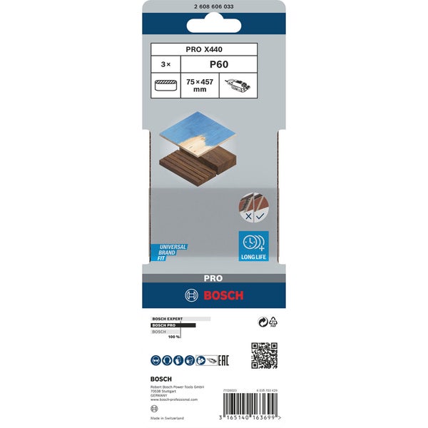 Bosch Pro X440 Schleifbänder, Körnung P60, 75x457 Millimeter, 3er-Pack