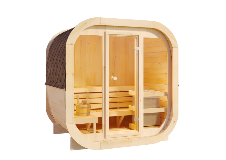 Fass-Sauna aus Holz für den Außenbereich mit Glasfront, Inneneinrichtung inklusive Bänken, Saunaofen und Holzeimer.