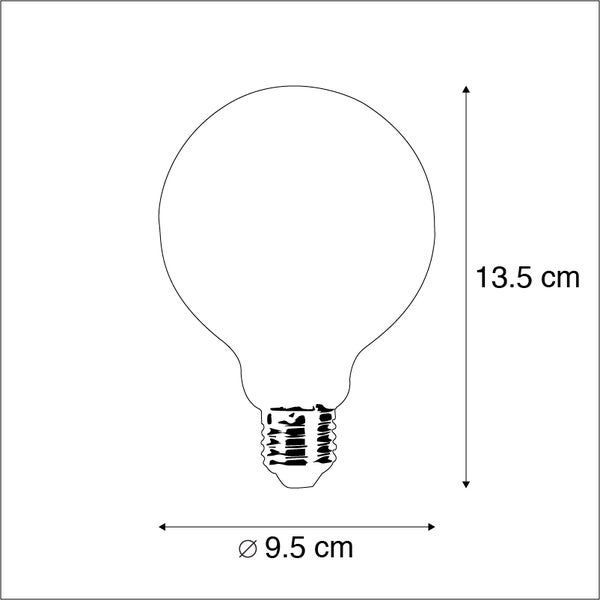 Technische Zeichnung eines Globus-Leuchtmittels mit einer Höhe von 13,5 Zentimeter und einem Durchmesser von 9,5 Zentimeter.
