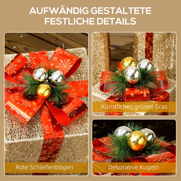 Detailansicht festlicher Geschenkkartons mit roten Schleifen, künstlichem Tannengrün und dekorativen Weihnachtskugeln.