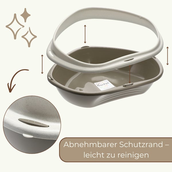 GarPet Katzentoilette mit abnehmbarem Schutzrand für einfache Reinigung, GarPet Logo, Symbol für Sauberkeit.
