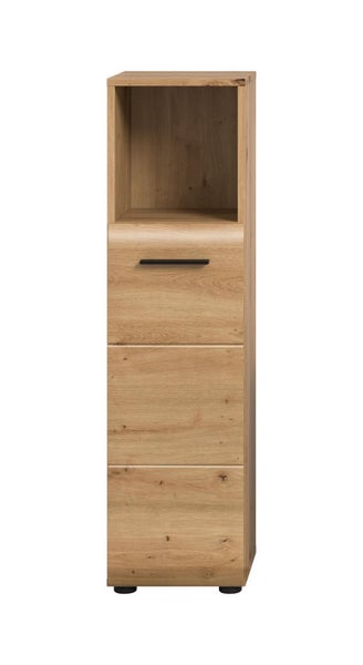 Badezimmer-Hochschrank in Holzoptik mit einem offenen Fach, einer Tür und schwarzem Griff.