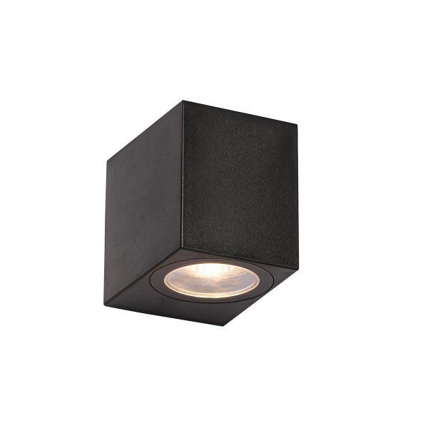 Würfelförmiger Spot aus Metall in Anthrazit mit Lichtaustritt nach unten.
