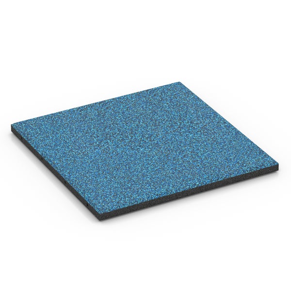 Blaue Fallschutzmatte aus Gummigranulat, quadratisch mit strukturierter Oberfläche.