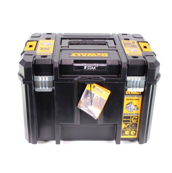 DeWalt TSTAK Werkzeugbox für die Akku-Kreissäge DCS572NT, mit Tragegriff und Metallschließen.