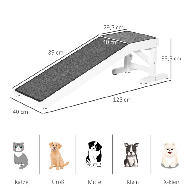 Hunderampe und Katzenrampe mit Maßen: Länge 125 Zentimeter, Breite 40 Zentimeter, Höhe 35,5 Zentimeter. Für Katzen und Hunde jeder Größe geeignet.