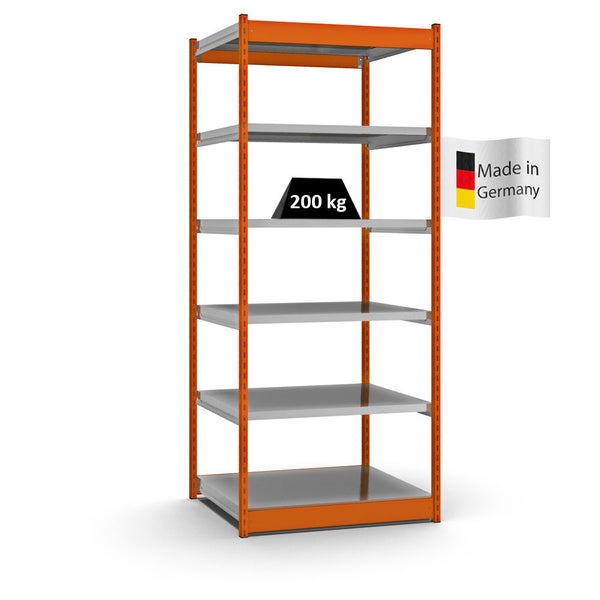 PROREGAL Fachbodenregal Stecksystem Vierkant-Profil Grundregal HxBxT 250 x 102,5 x 80 cm 6 Ebenen Einseitige Bauart Fachlast 200 kg Orange