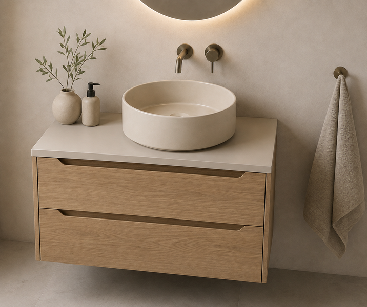 Moderner Waschtischunterschrank aus Holz mit zwei Schubladen, rundem Aufsatzwaschbecken und wandmontierter Armatur in einem Badezimmer.