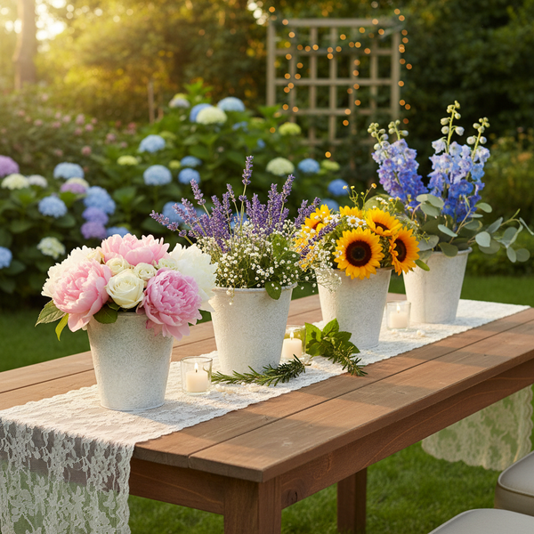 Vier weiße Blumentöpfe mit Pfingstrosen, Lavendel, Sonnenblumen und Rittersporn auf einem Holztisch mit Spitzenläufer im Garten.