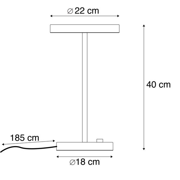 Technische Zeichnung einer Tischleuchte mit den Maßen 22 cm Durchmesser oben, 18 cm Durchmesser unten, 40 cm Höhe und 185 cm Kabellänge