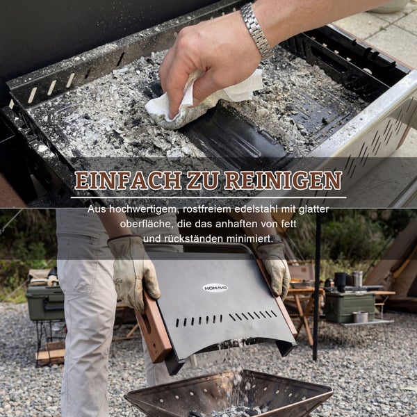 Person reinigt eine Edelstahl-Grillwanne durch Abwischen und Entleeren der Asche. Homavo Logo.