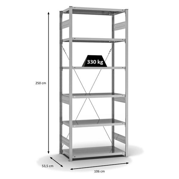 PROREGAL Fachbodenregal Stecksystem T-Profil Heavy-Duty Grundregal HxBxT 250 x 100 x 50 cm 6 Ebenen Fachlast 330 kg Einseitig Nutzbar Verzinkt