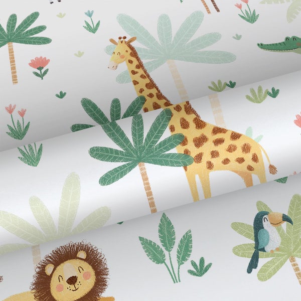 Kindertapete mit Safari-Motiven wie Tiger, Löwe, Giraffe, Elefant, Flamingo und Palmen in illustriertem Stil.