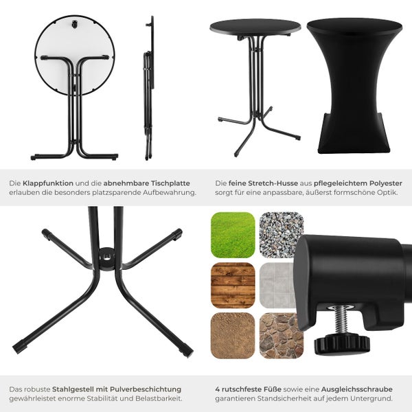 Klappbarer Stehtisch mit abnehmbarer Tischplatte und Stretch-Husse aus Polyester für den flexiblen Einsatz.