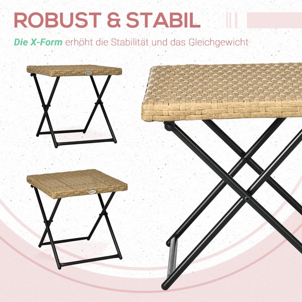 Outsunny Beistelltisch aus Polyrattan klappbar Kaffeetisch Couchtisch Tablett Balkontisch Gartentisch Sofatisch Teetisch Gartenmöbel Rattantisch für Garten Terrasse Balkon, 40x40x40cm Naturholz