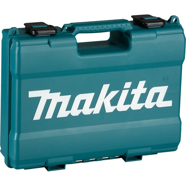 Makita Werkzeugkoffer aus Kunststoff mit schwarzen Verschlüssen und Makita Logo.