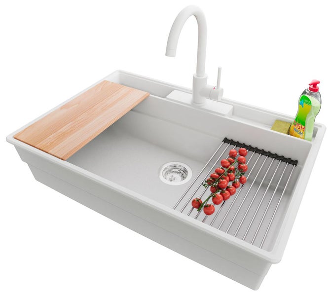 Spüle mit Abtropfgestell, Schneidebrett, Spülmittel und Armatur
